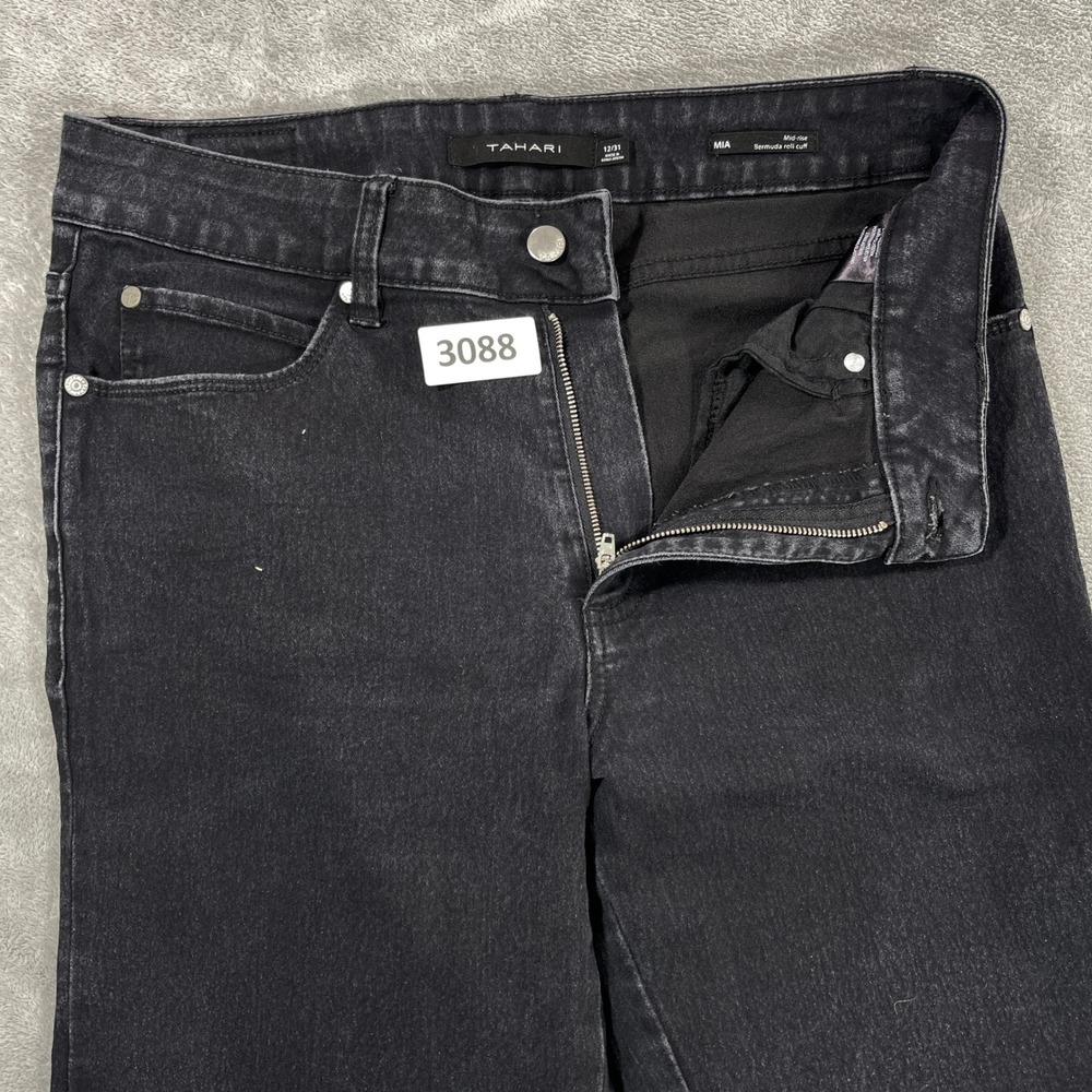 Tahari Mia Bermuda Shorts Womens 12 Black Mid Rise Denim Cuffed 3088